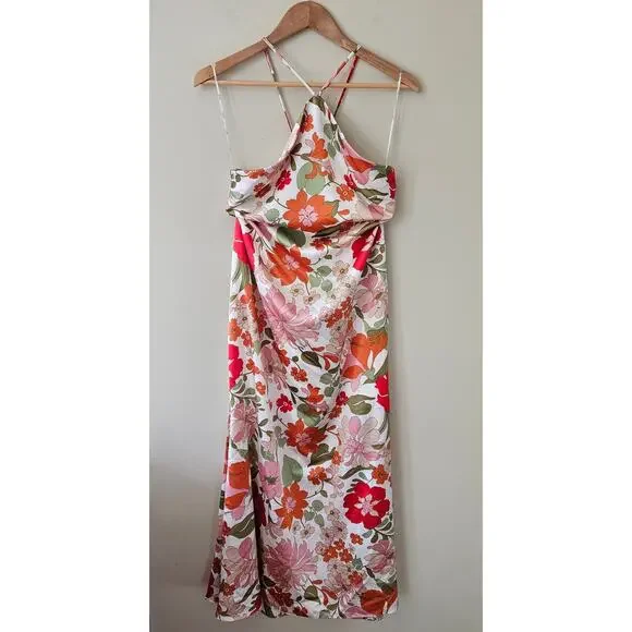 Elliatt Women's Khloe Maxi Dress, Size XL Halter Floral 70s Tie Back - Picture 2 of 7